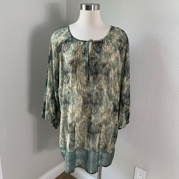 Liz Claiborne Woman Plus 3X Sheer Tunic Top Peasant Blouse Tie Neck Long Sleeve - Picture 1 of 8